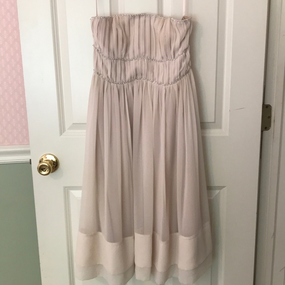 Ballet pink, strapless pleated midi dress